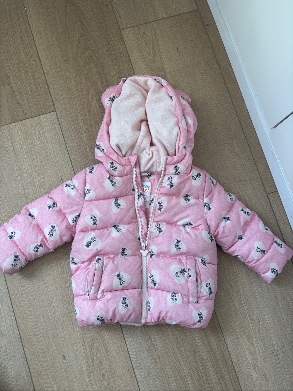 Disney Pink Hooded Puffer Jacket with Character Print